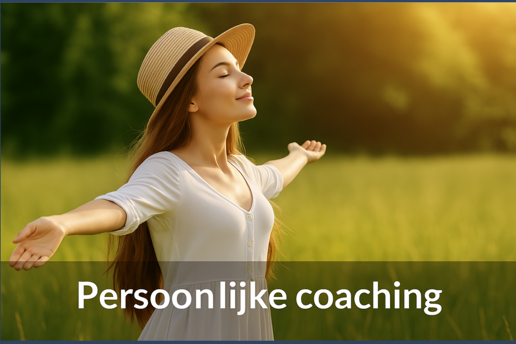 Vrouw in open veld die ontspanning en vrijheid uitstraalt – symbool voor persoonlijke coaching
