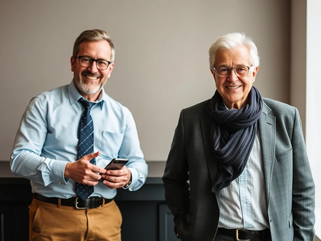 Twee mannen op latere leeftijd in professionele setting, symbool voor loopbaanreflectie.